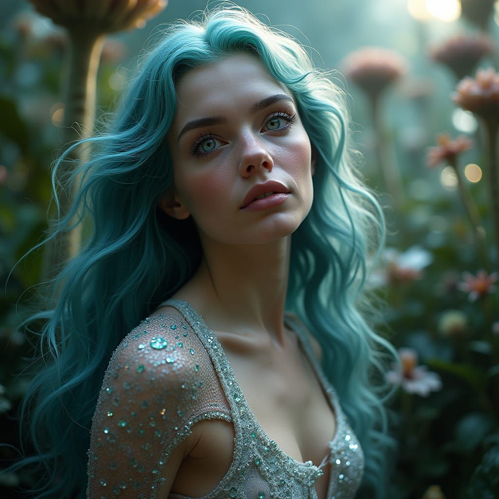 Surreal Space Mermaid Transcends in Futuristic Planet Oasis