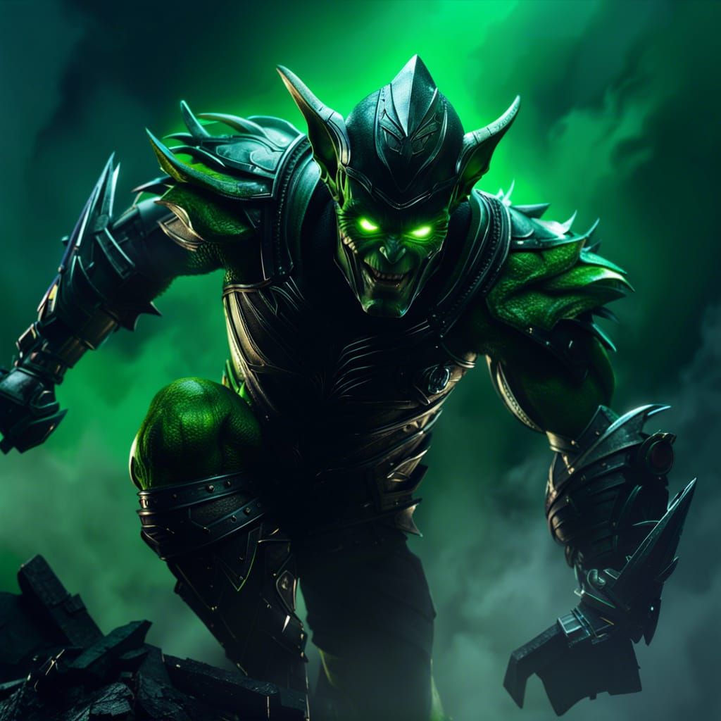 Green Goblin Warrior in a Foggy Fantasy Landscape