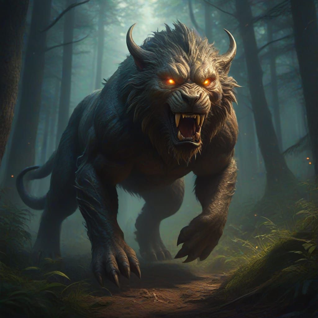 Fearsome Beast Running in Forest: Digital Fantasy Art