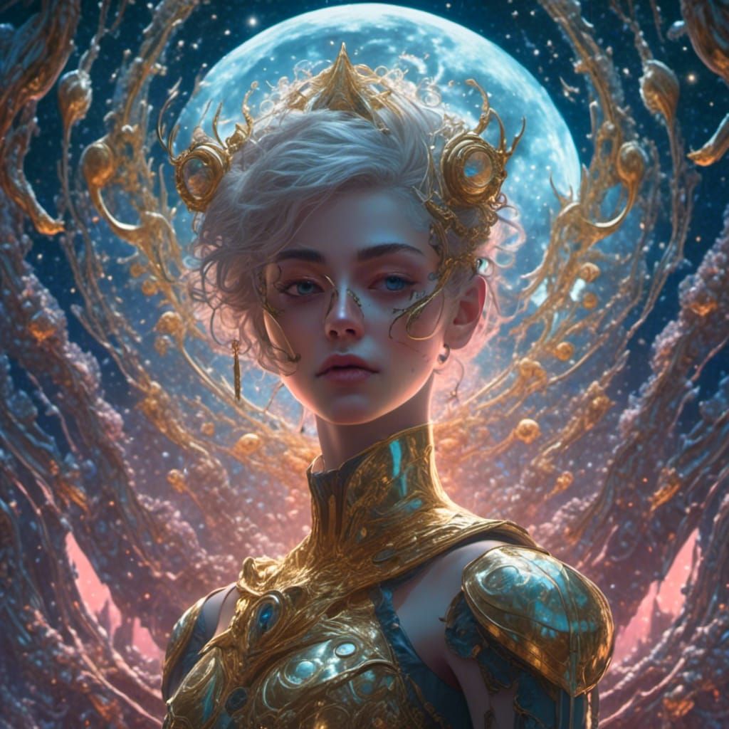 Soldier Girl on Alien Planet Under Starry Night