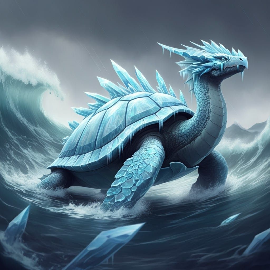 Icy Dragon Turtle Emerges from Stormy Ocean