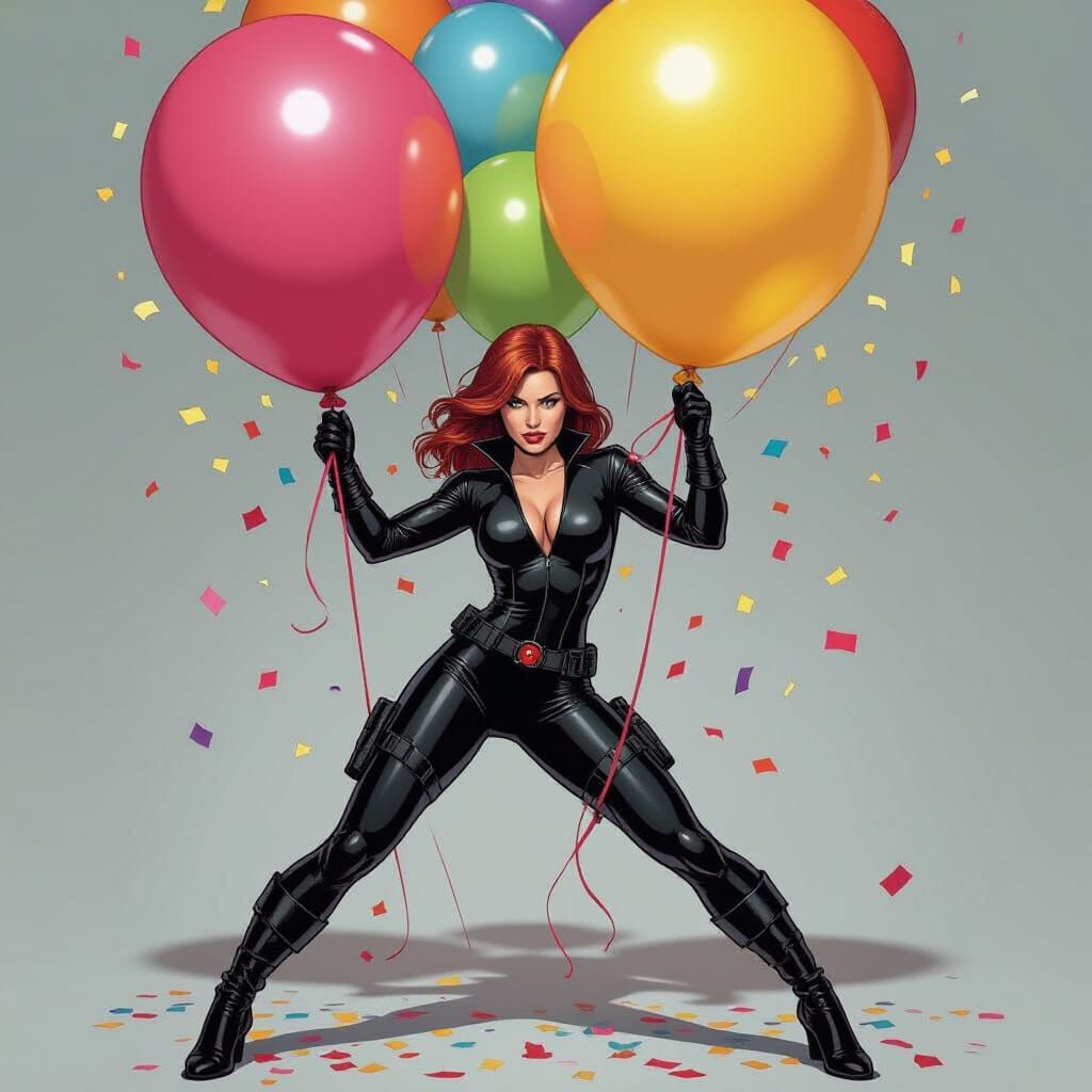 Black Widow Celebrates with a Party Balloon, in Granov Style