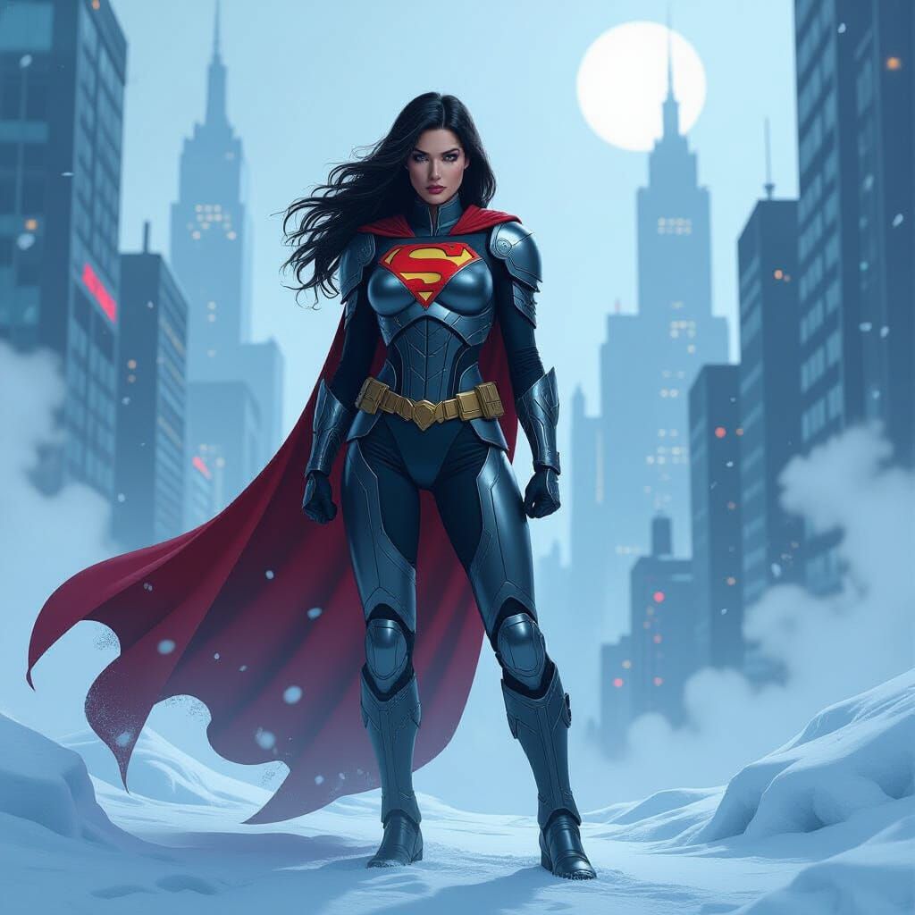 Armored Super Woman in Noir Comic Cityscape