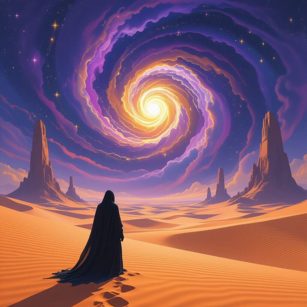 Surreal Desert Dreamscape with Cloaked Figure