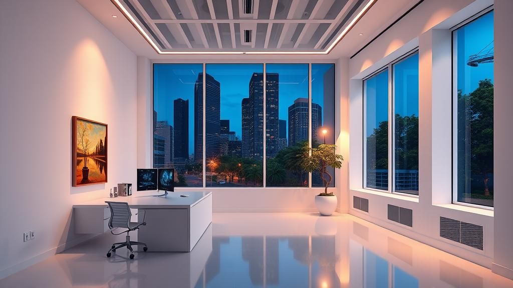 High-Tech Sci-Fi Office with Impressionist Art, 8K