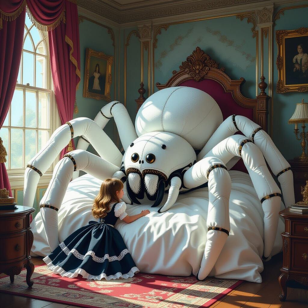 Girl Cuddles Giant Plush Spider in Victorian Room