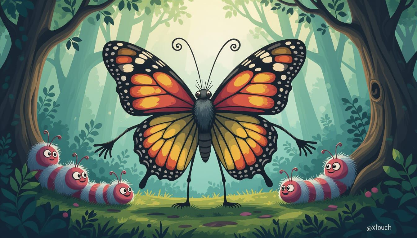 Colossal Butterfly in Fantasy Forest: Whimsical Cartoon Art