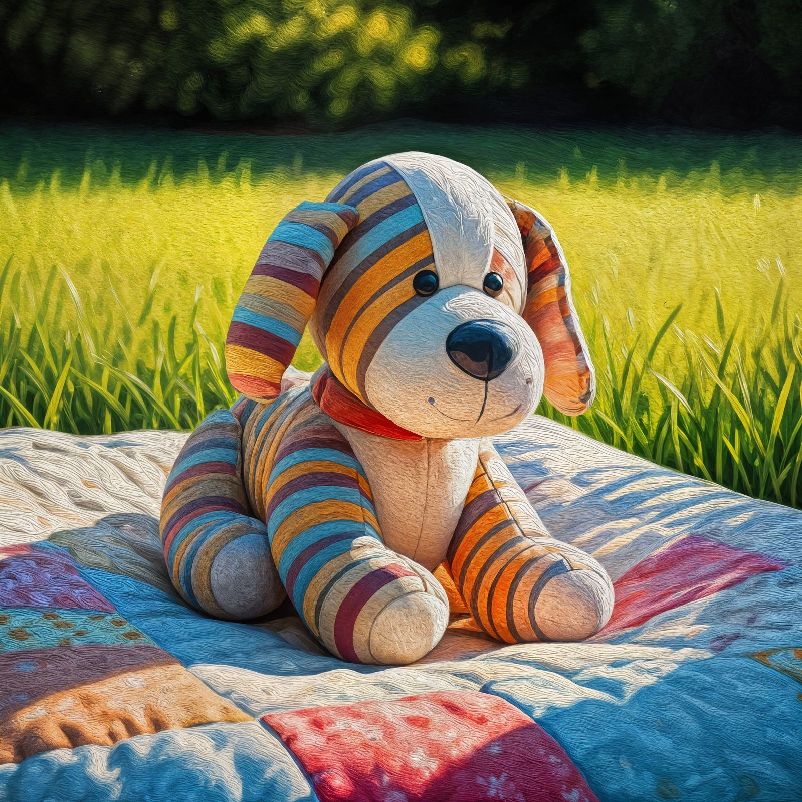 Whimsical Fabric Portrait of a Relaxed Stuffed Puppy