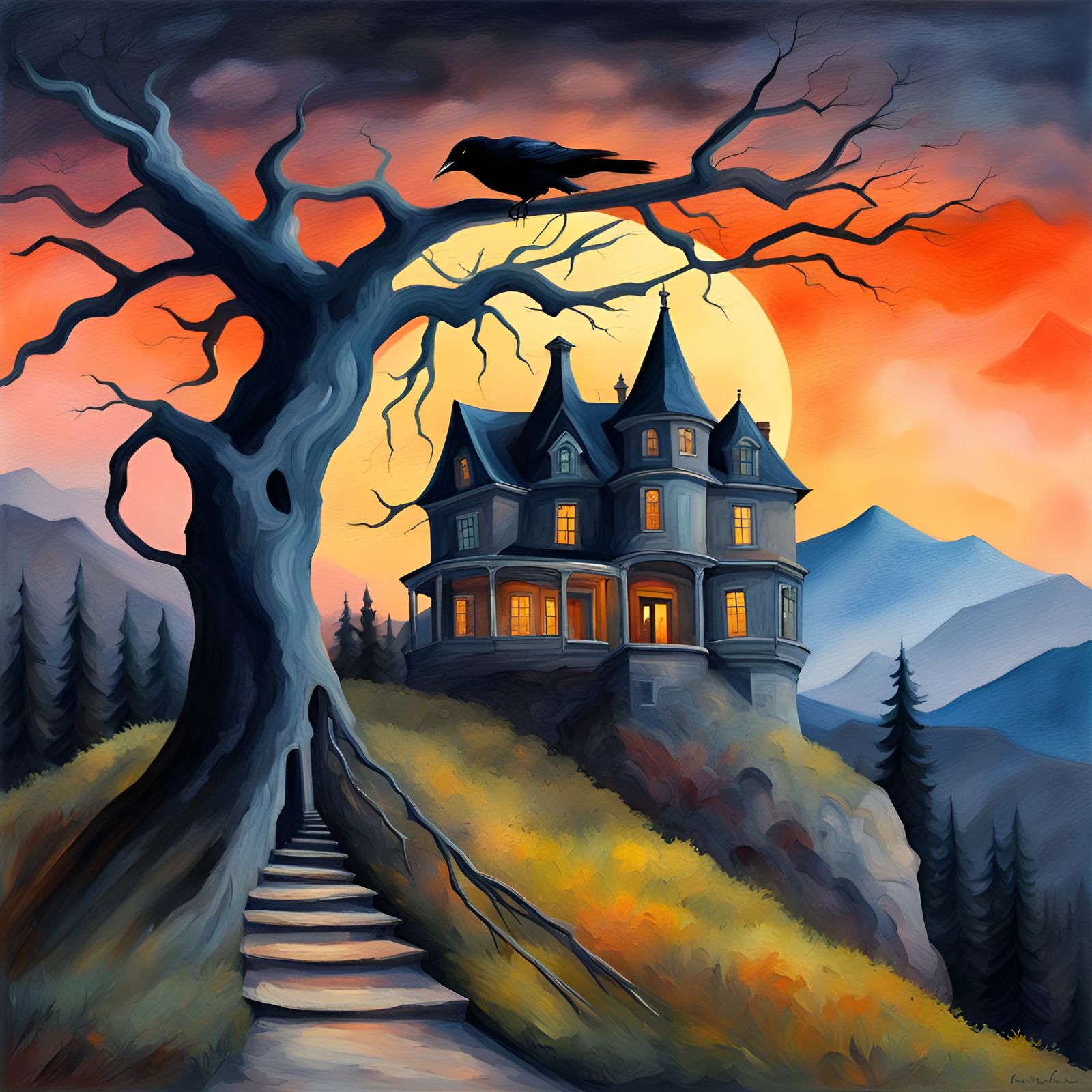 Spooky Mansion: Surreal Gouache and Watercolor Painting