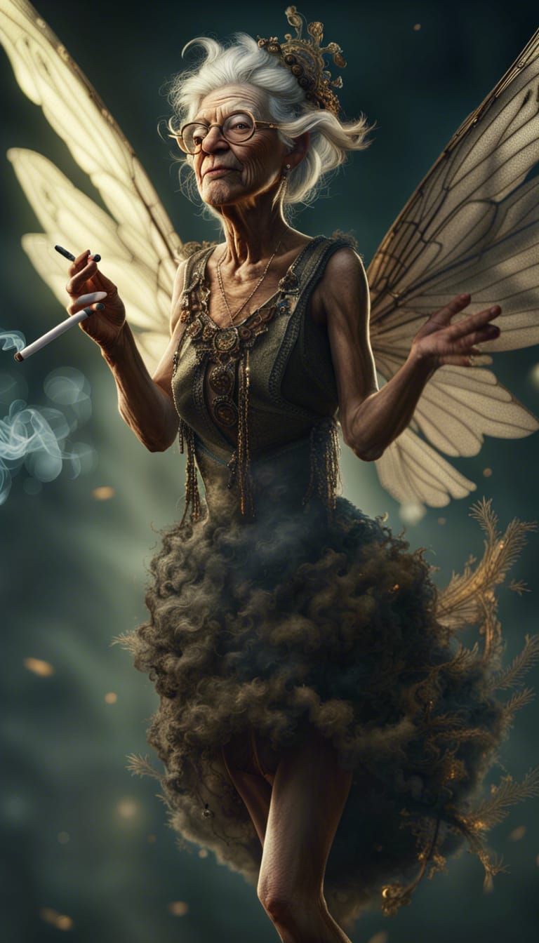 Hyperrealistic Fairy Smoking Cigarette in Flight