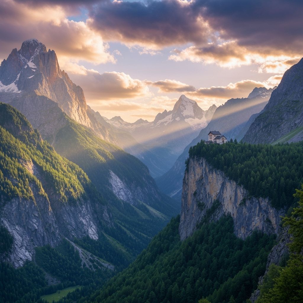 Dreamlike Mountain Valley Sunrise with Golden Light
