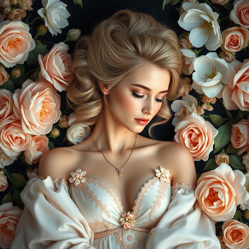 Elegant Lady in a Pastel Floral Haven