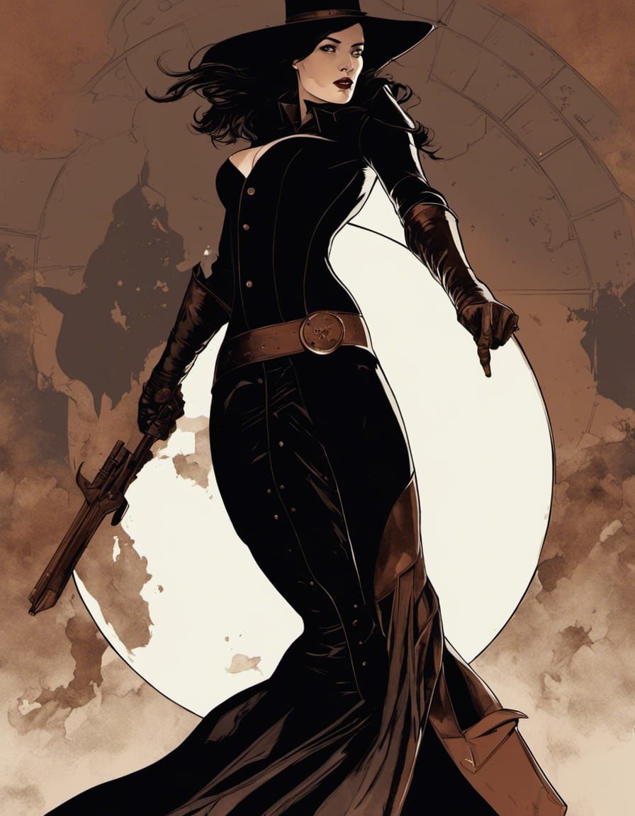 a woman standing in front of a full moon, adam hughes, steampunk! fiction, eva green and gemma arterton, silk screen, ba...