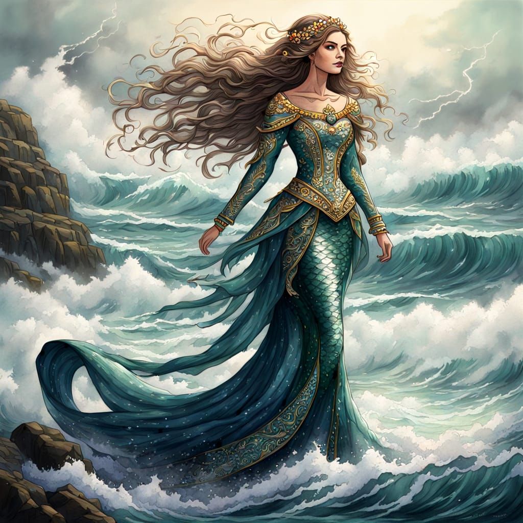 Fantasy art. A regal mermaid princess in traditional royal attire with detailed embroidery, walking by a rough sea.