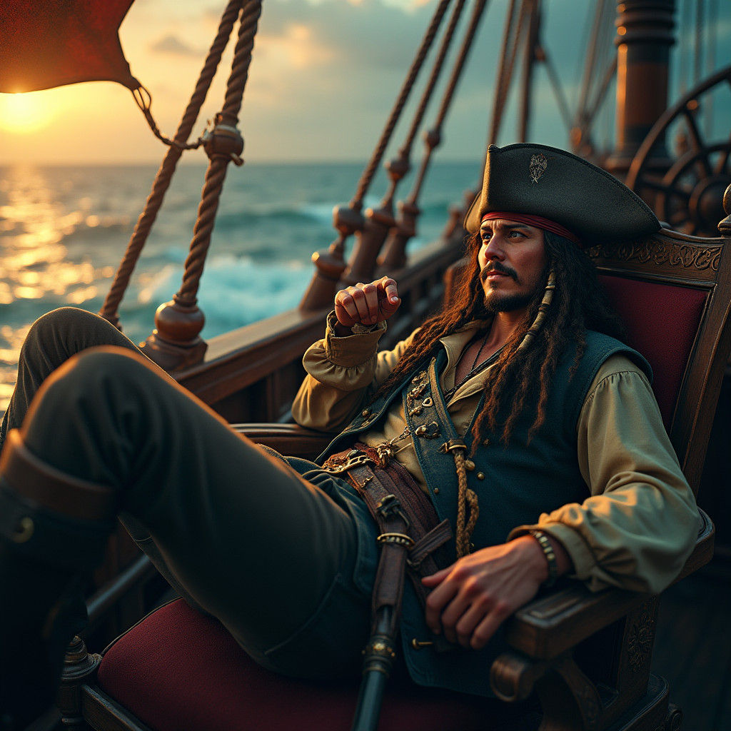 Jack Sparrow Relaxing on Ship: Hyperrealistic 3D Art