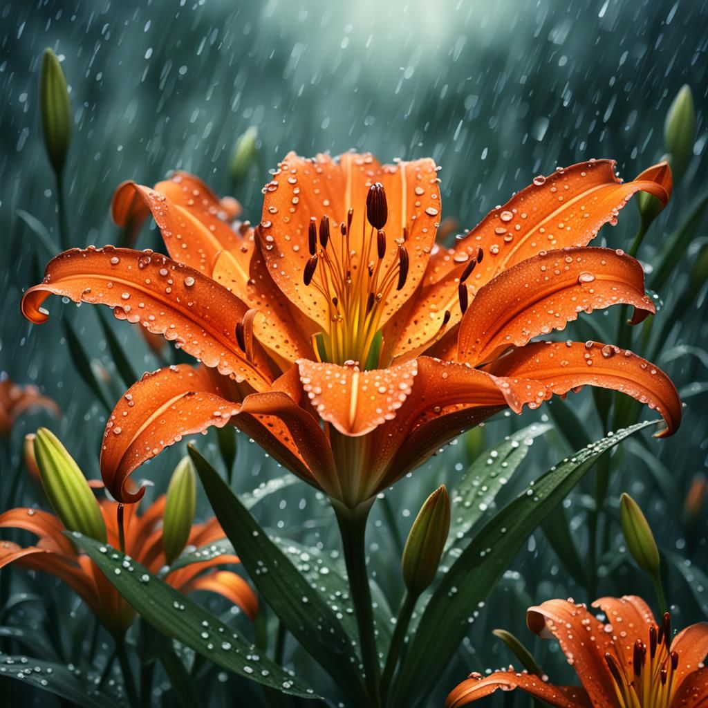 Dew-Kissed Orange Lily in Dramatic Digital Painting