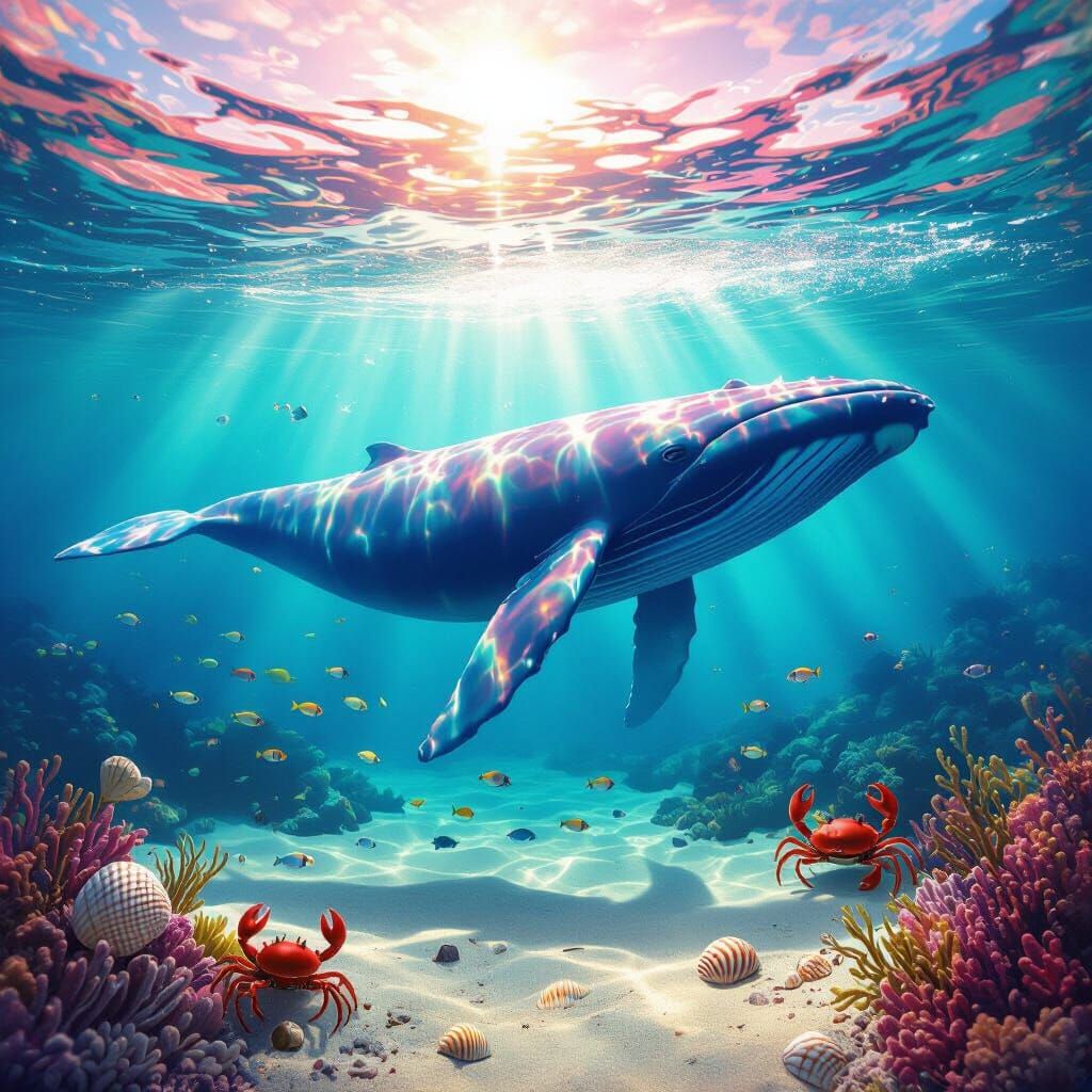 Majestic Rainbow Whale in Vibrant Pink and Blue Ocean