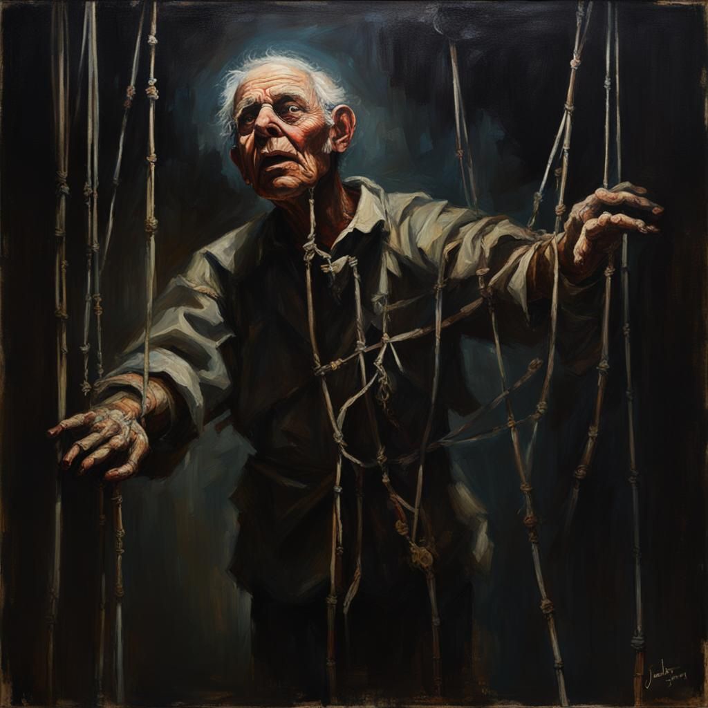 Scary Puppet Controlled by Strings, Dark Oil Painting