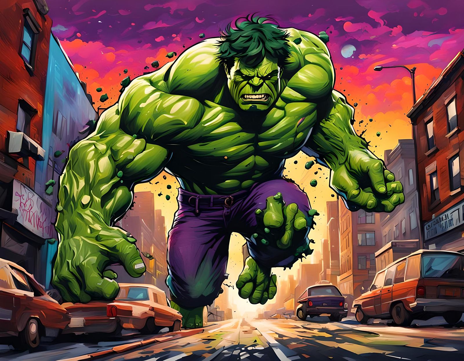 Hulk Transformation: Graffiti Art Cityscape at Sunset