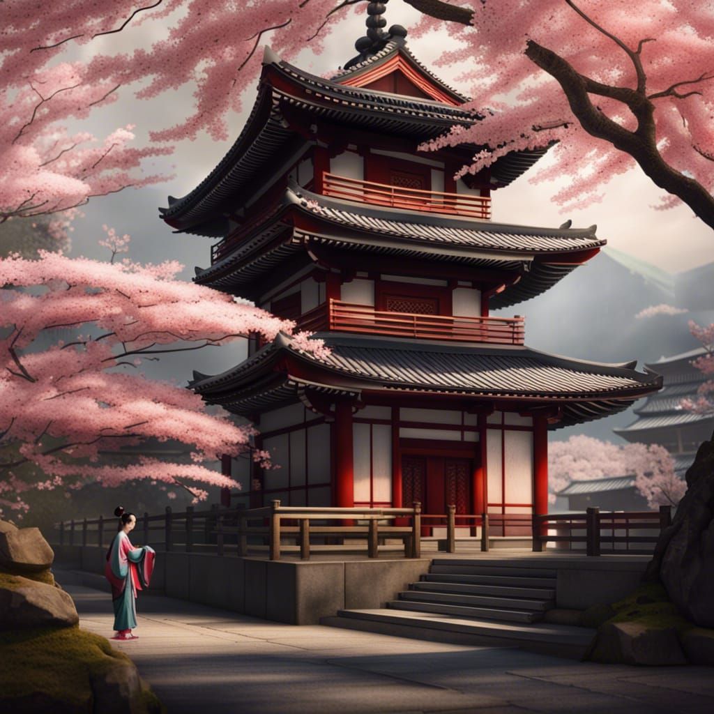 Photorealistic Japanese Temple with Geisha and Cherry Blosso...