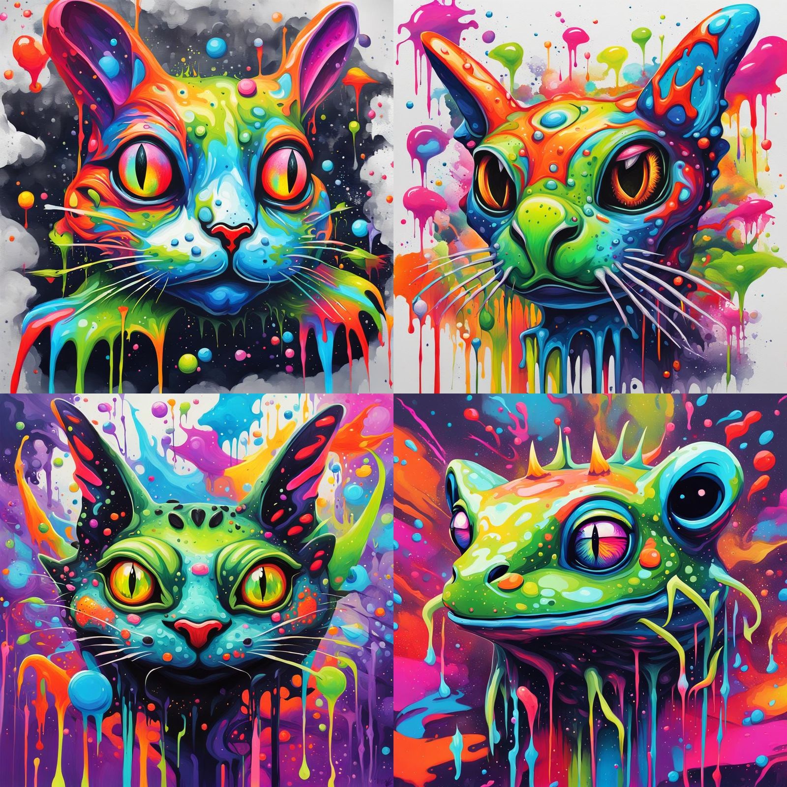 Surreal Neon Creature with Cat Head and Frog Legs