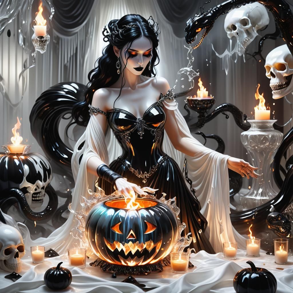 Glass Goddess Playing with Glass Flames in Dark Academia