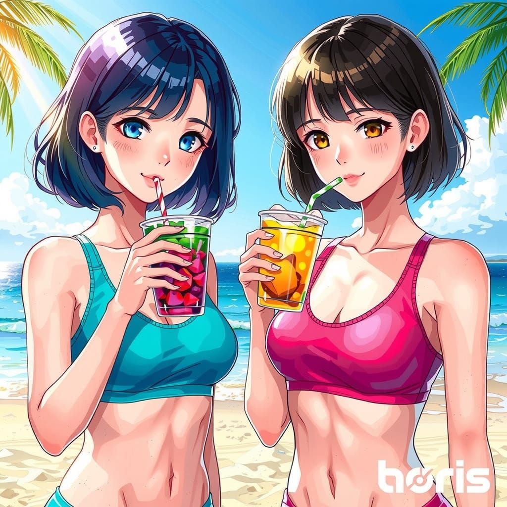 Korean Anime Girls on Beach with Smoothies
