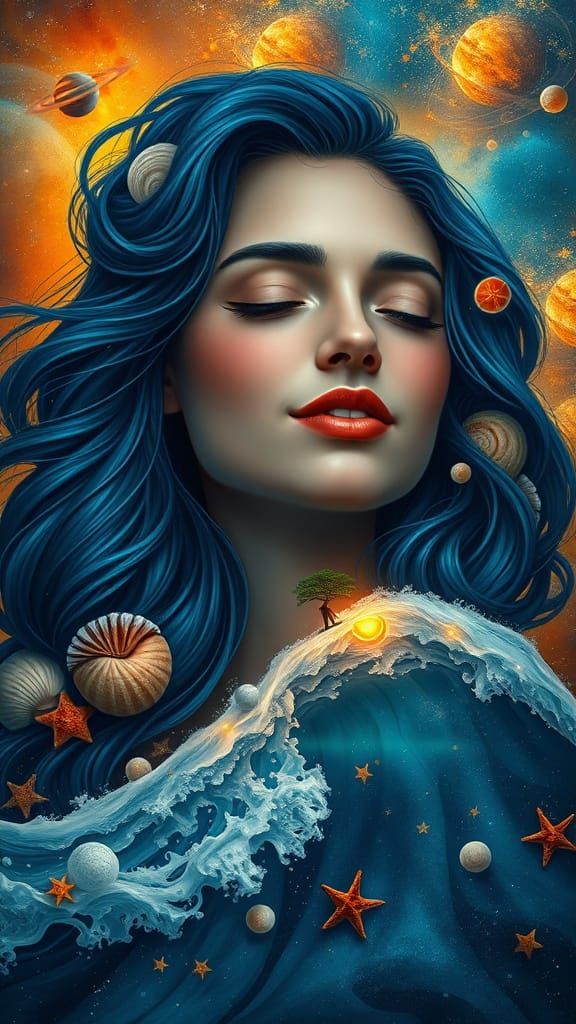 Surreal Goddess with Ocean Wave Hair, Set Against Vibrant Ga...