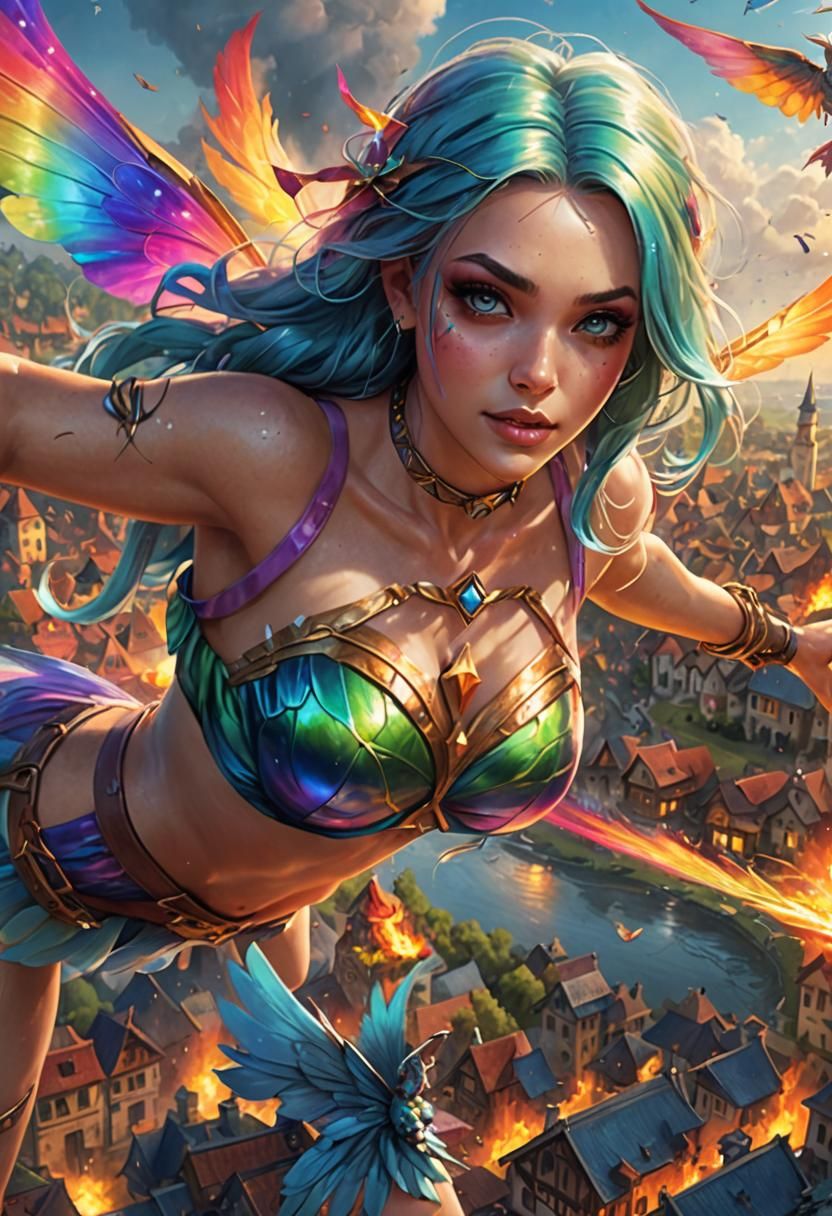 Fairy Princess Flies Above Burning Village, Artgerm Style