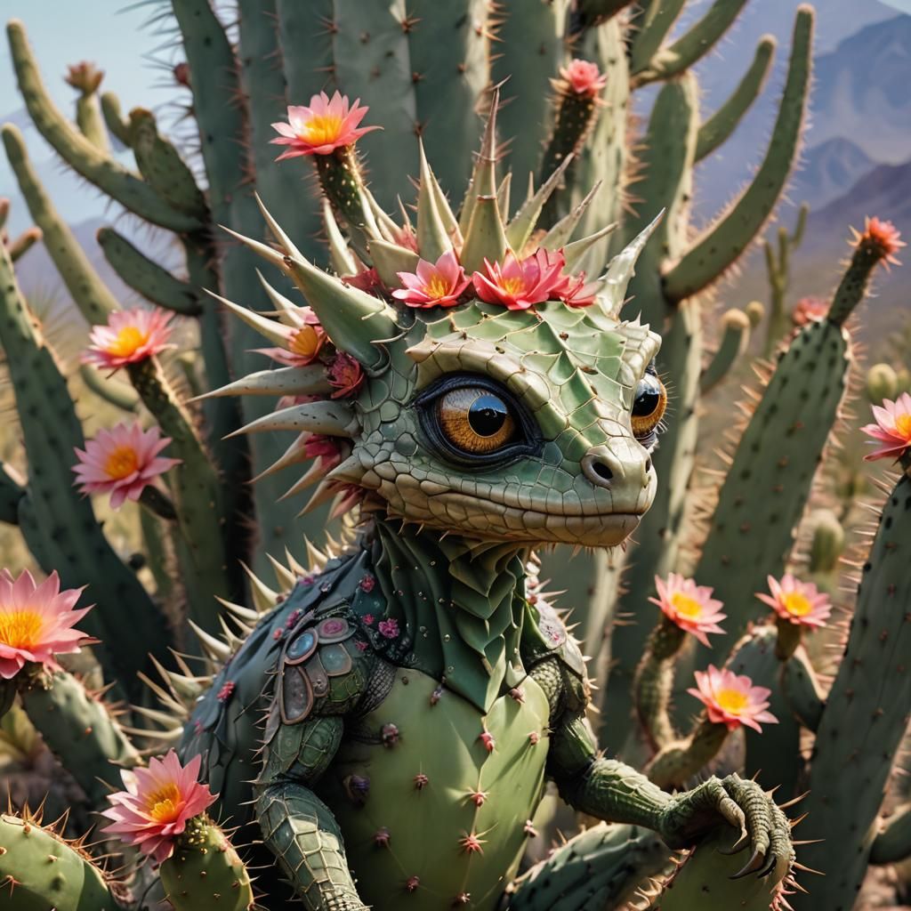 Whimsical Reptilian Creature on Cactus, Digital Art