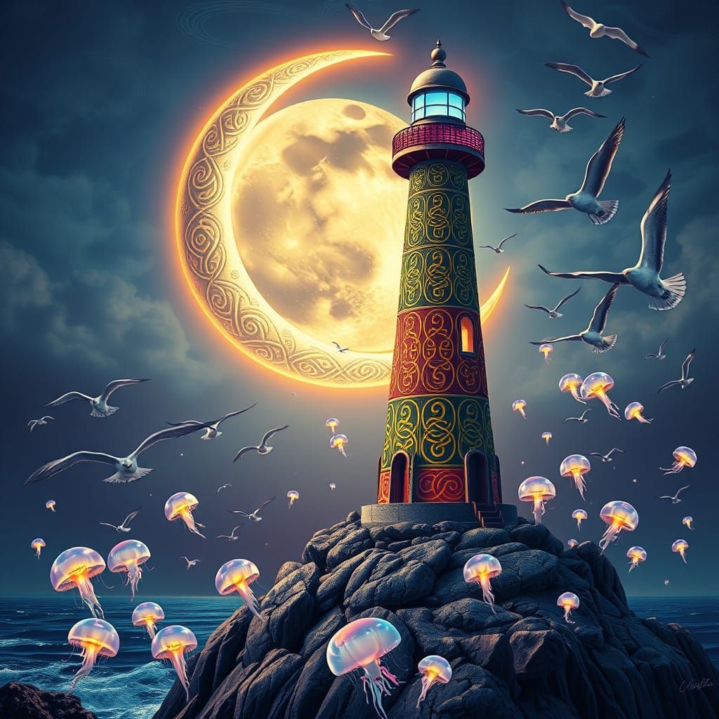 Majestic Steampunk Crescent Moon with Whimsical Lighthouse T...