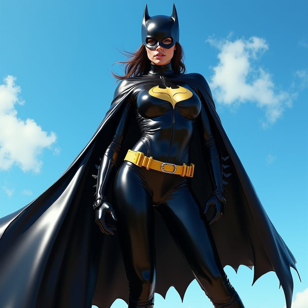 Sleek Batgirl Figure in Shiny Latex Suit Poses against Sunny...