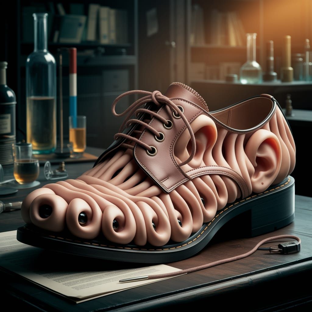 Eerie Ear-Shaped Shoe in a Vintage Laboratory