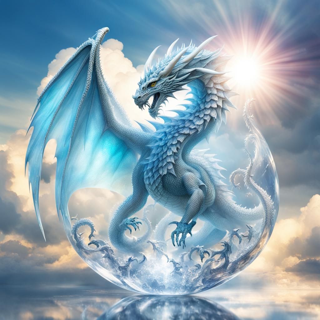 Crystalline Ice Dragon in Water Droplet