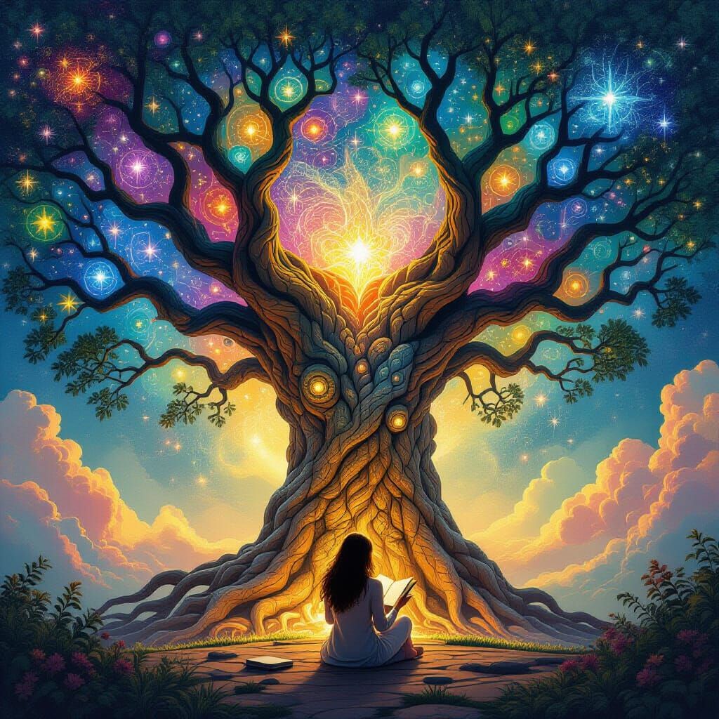 Mythical Tree with Woman Reading, Astral Cosmic Illustration