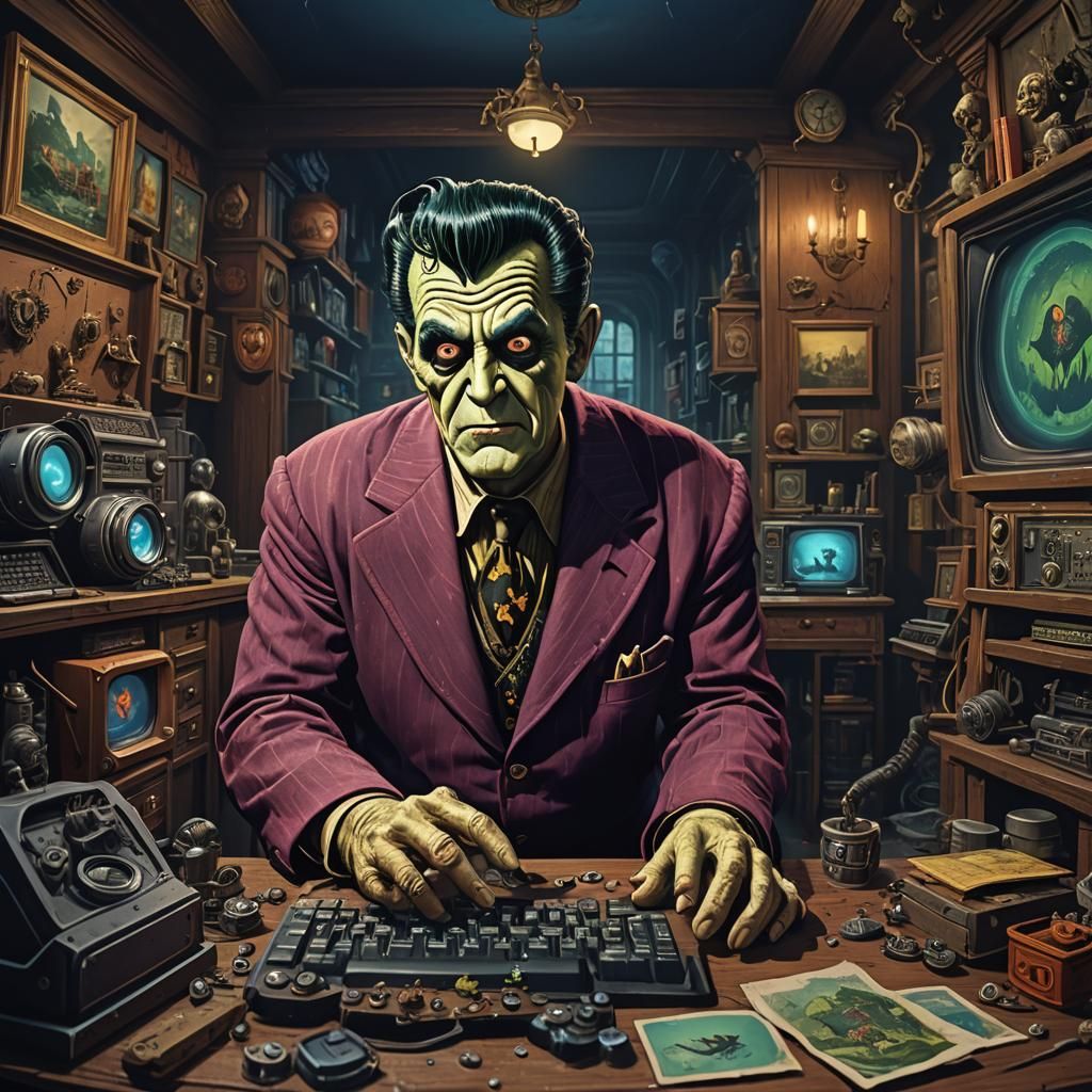 Eddie Munster at Computer with Fisheye Lens