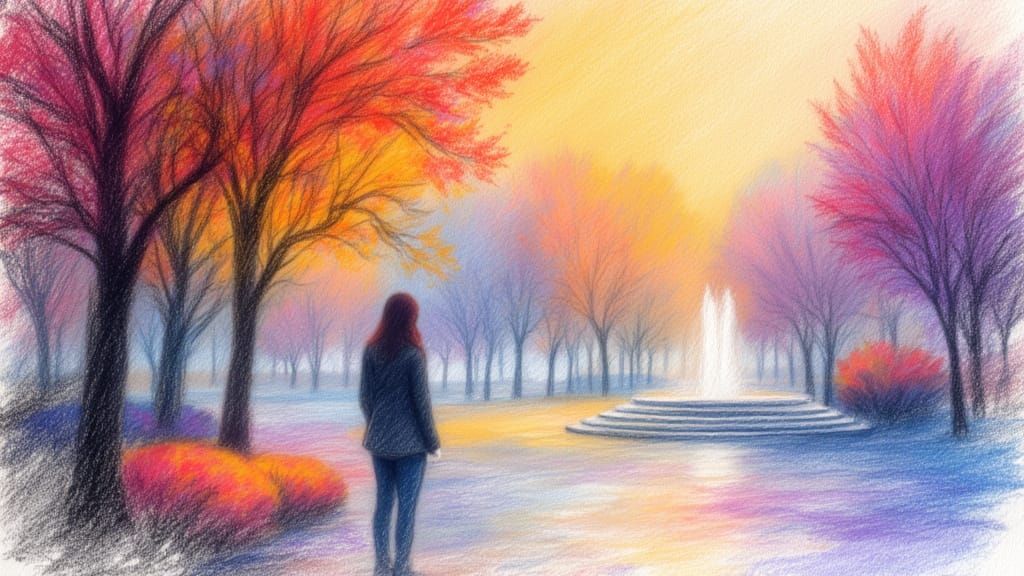 Impressionistic Rainy Park Scene with Autumn Leaves