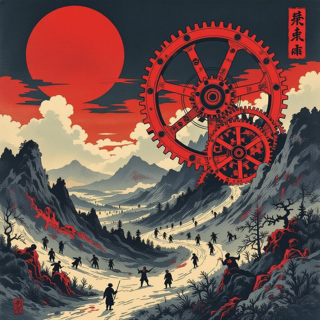 Hokusai Style Hellscape with Clockwork Gears