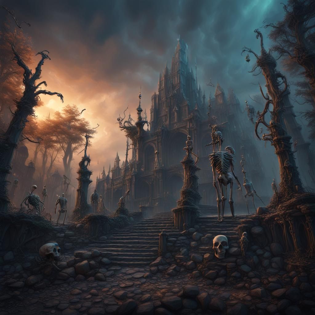 Detailed Matte Painting of Skeletons and Skulls
