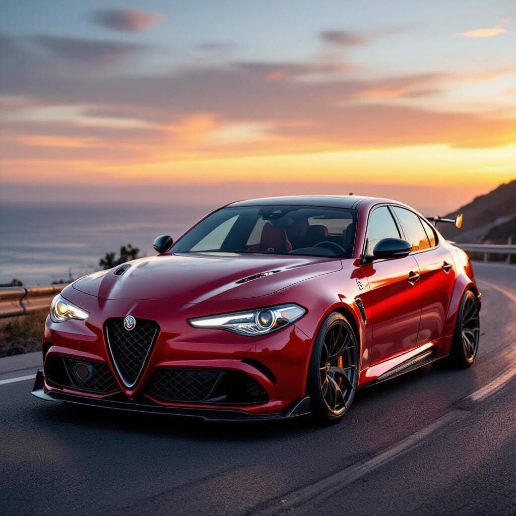 Aggressive Alfa Romeo Giulia in Rosso Monza Red