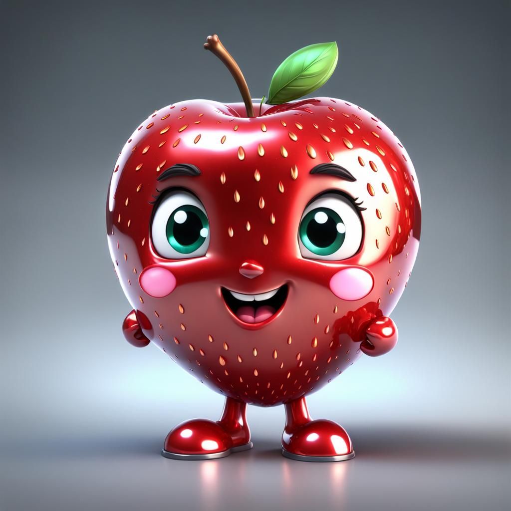 Metallic Strawberry Apple with Chibi Face in 3D
