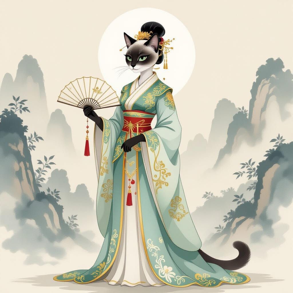 Elegant Chinese Cat Noblewoman in Watercolor Style