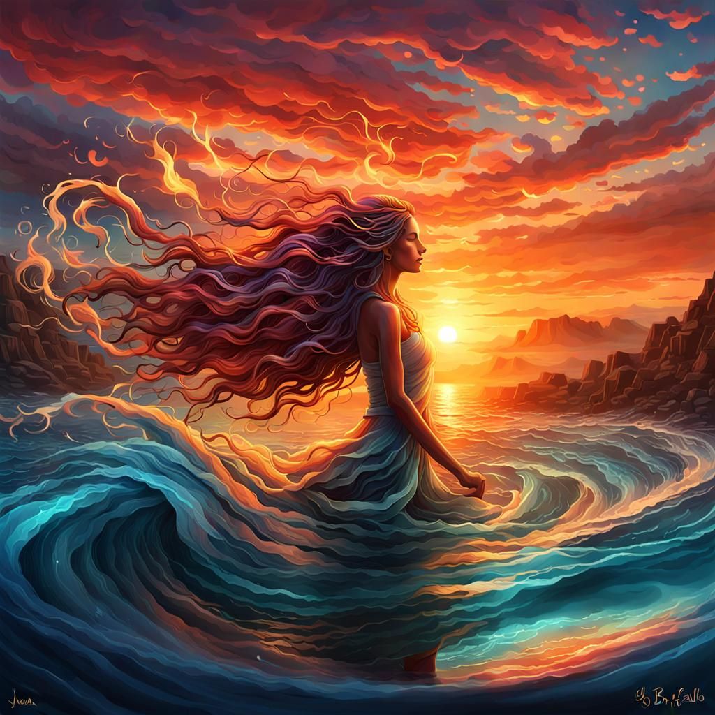 Woman at Sunset: Digital Art Celebrating Water