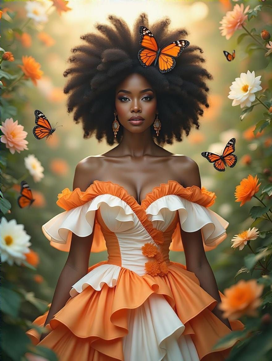 Black Woman with Butterfly Afro in Blooming Garden