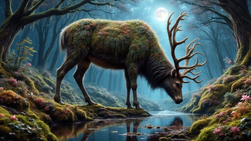 Ethereal Deer Drinks from Moonlit Stream in Whimsical Forest...