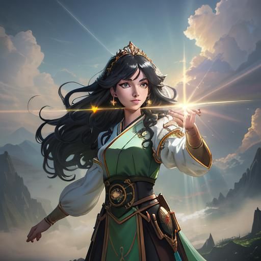 Ethereal Fantasy Princess in Golden Diadem with Long Black H...