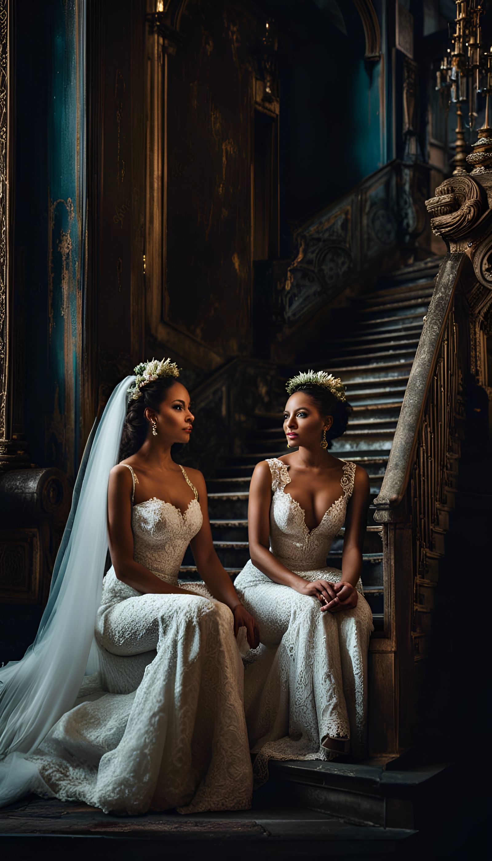 Two Women in Wedding Dresses on Old Staircase