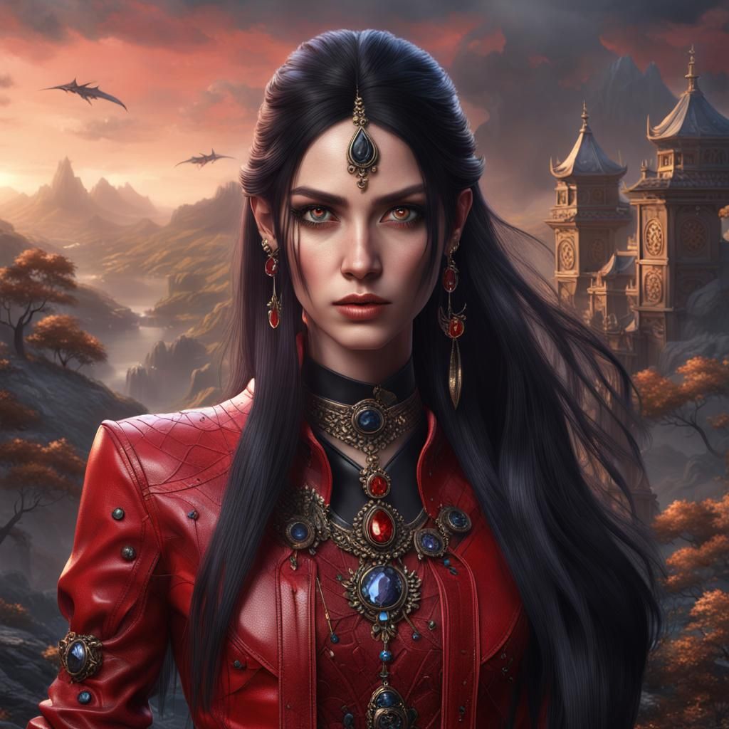 Beautiful Woman in Red Leather Outfit, Digital Painting