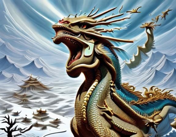 Psychedelic Dragon in Snowy Storybook Landscape