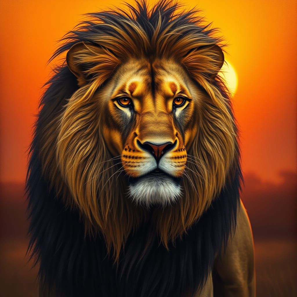 Regal Lion in Warm Sunset Light, in Traditional Oil Painting...